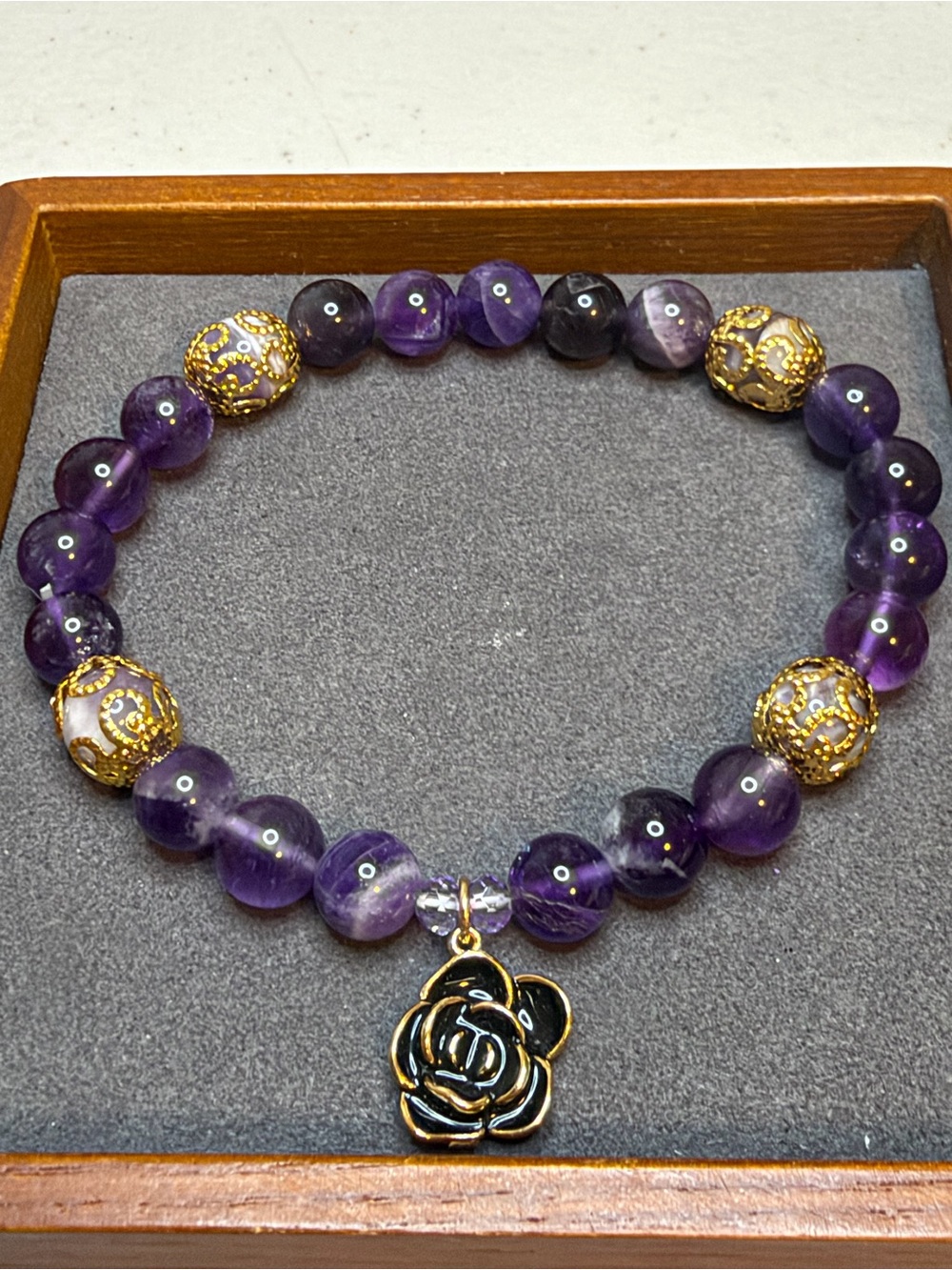 Amethyst Beaded Rose Charm Bracelet - Gold Accent